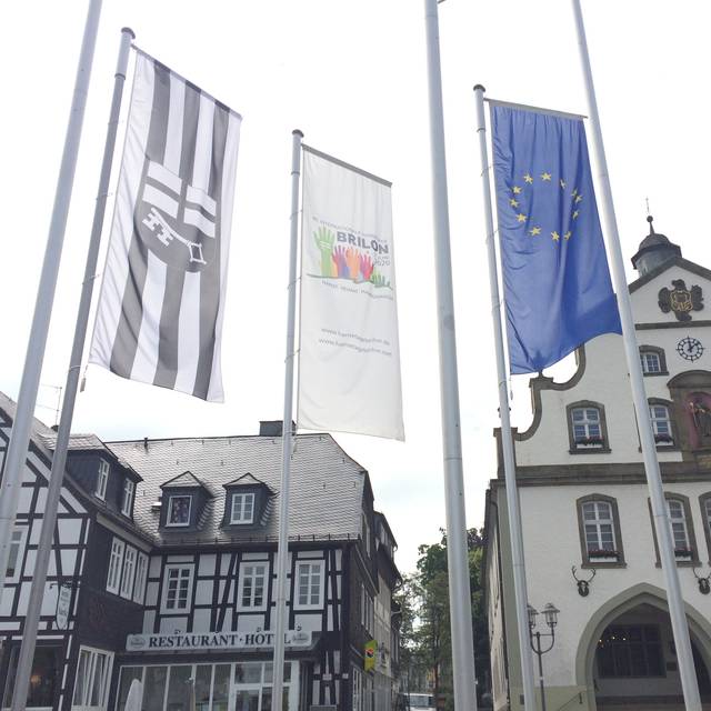 Die Hansetage Brilon finden vom 04.-07.06.2020 in Brilon statt. Das Bild zeigt Hansefahnen vor dem Briloner Rathaus.