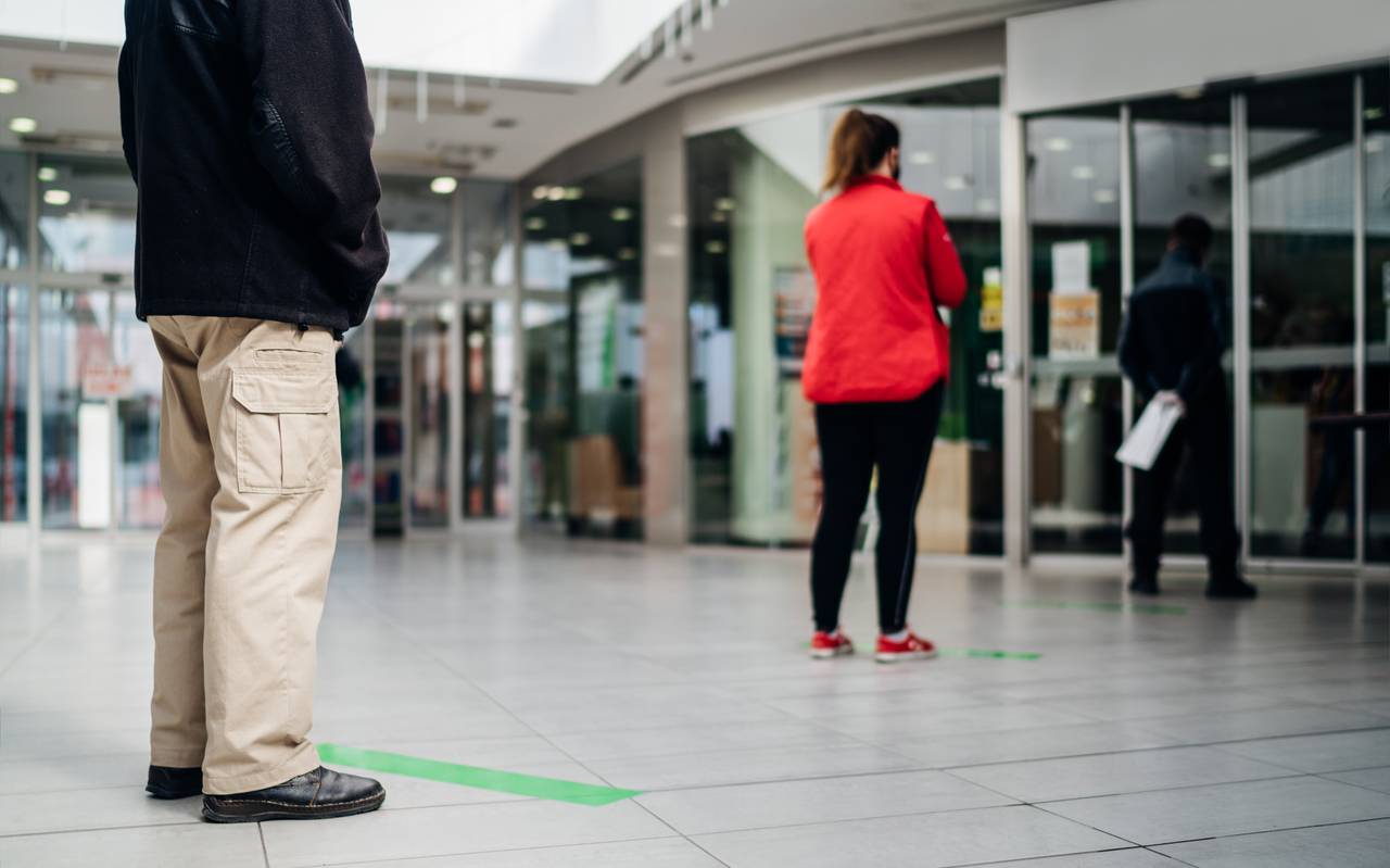 Covid Warten Abstand Bank Geschäft Social Distancing Corona