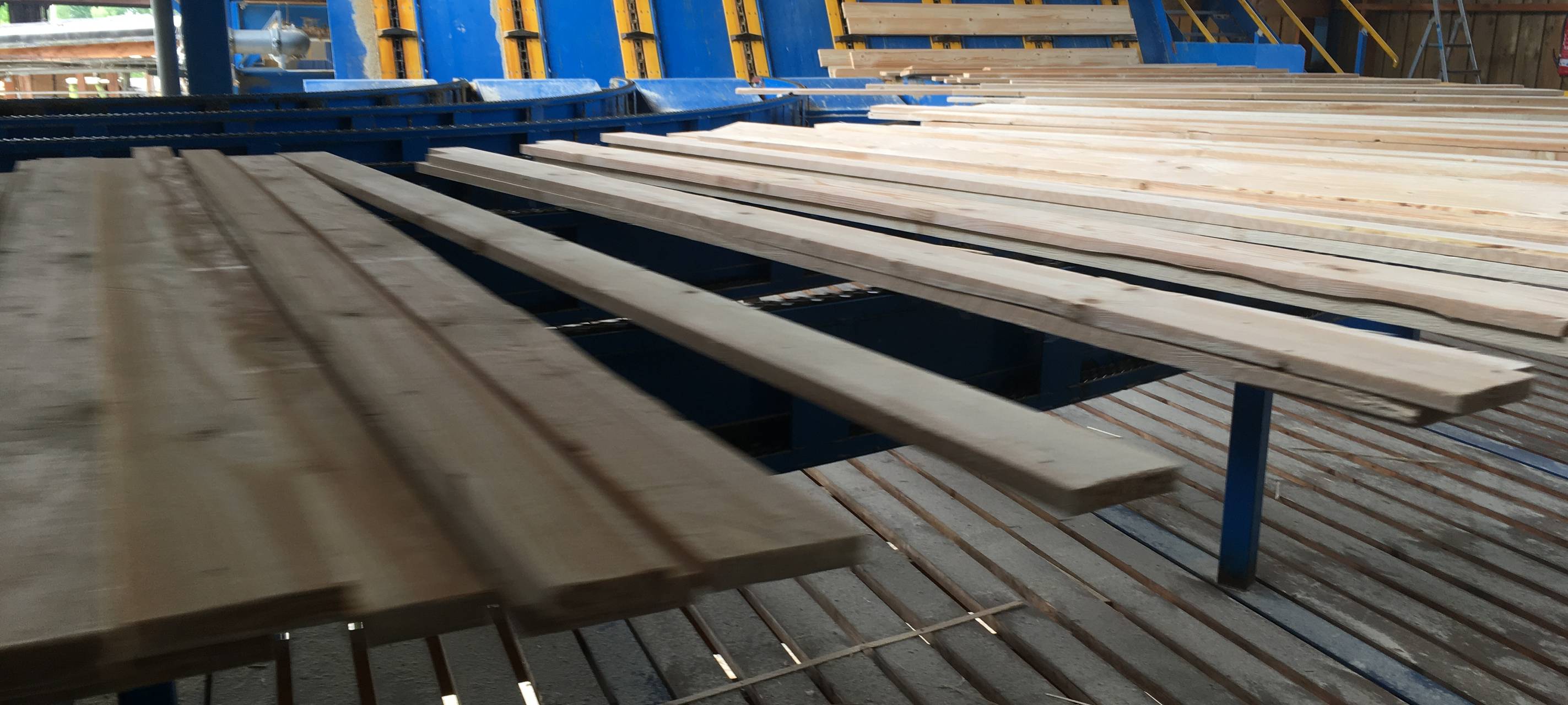 Die Fichtenbretter rollen übers Fliesband raus aus der Produktion im Sägewerk in Bremke.