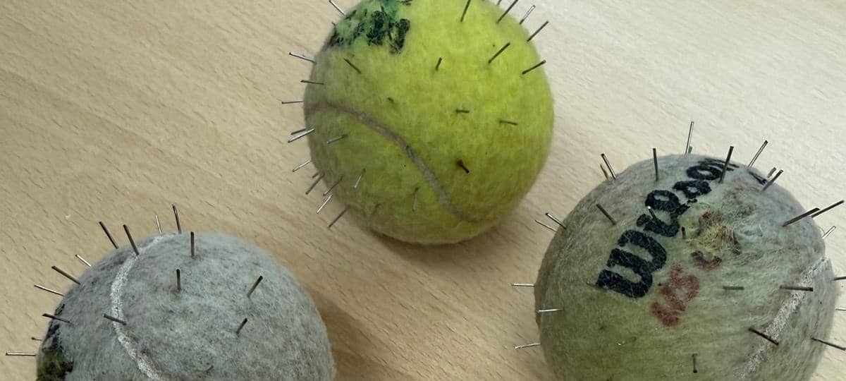 Mit Nadeln gespickte Tennisbälle am Zaun